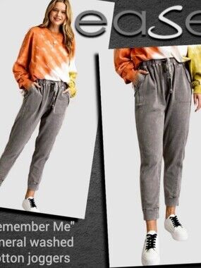 Easel Mineral Wash Gray Cotton Joggers - Relaxed Women's Pants:Small